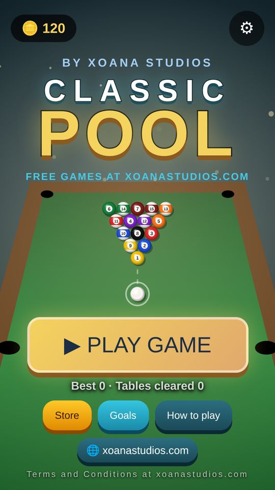 Classic Pool title screen with a racked pool table and the Play Game button