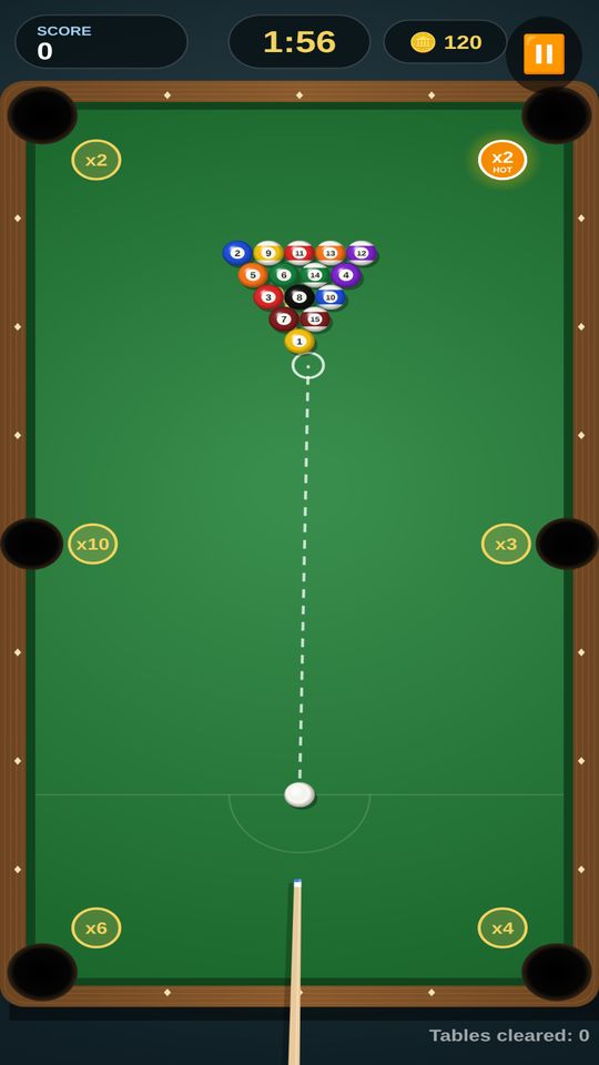 Classic Pool gameplay: aiming the cue with the dotted aim guide at a full rack