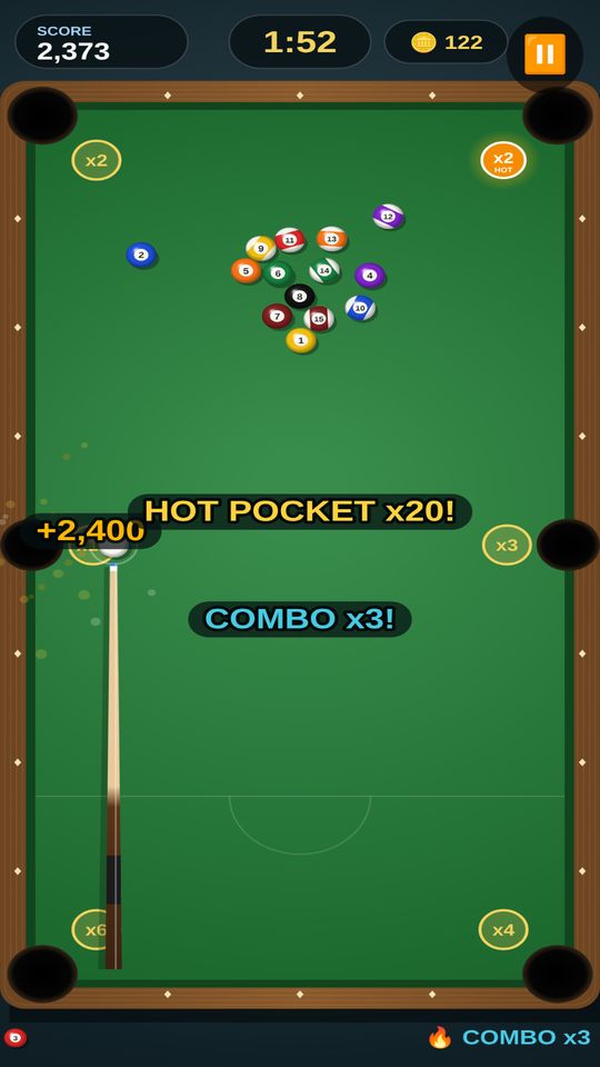 Classic Pool HOT pocket x20 and a combo x3 as a ball drops for 2,400 points