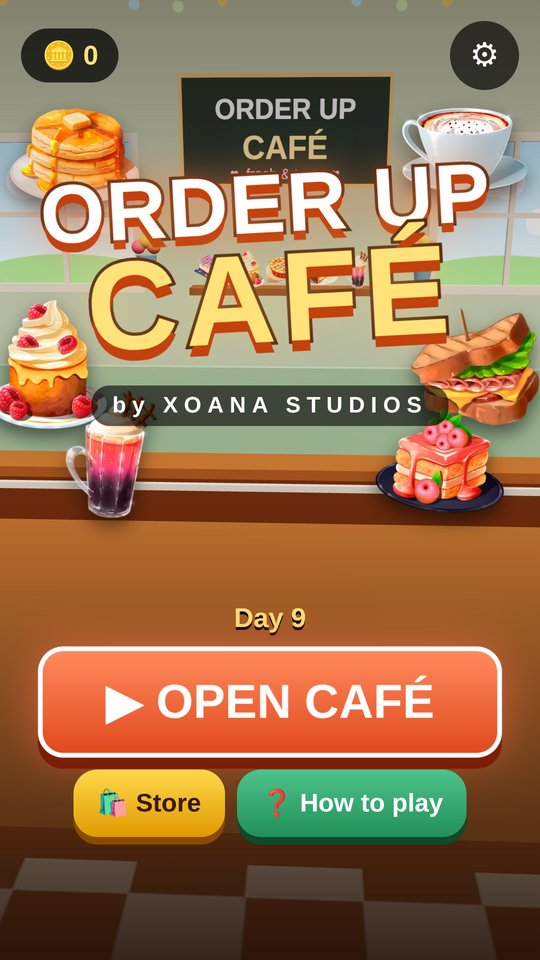 Order Up Café title screen with pancakes, cakes, a sandwich and drinks around the logo