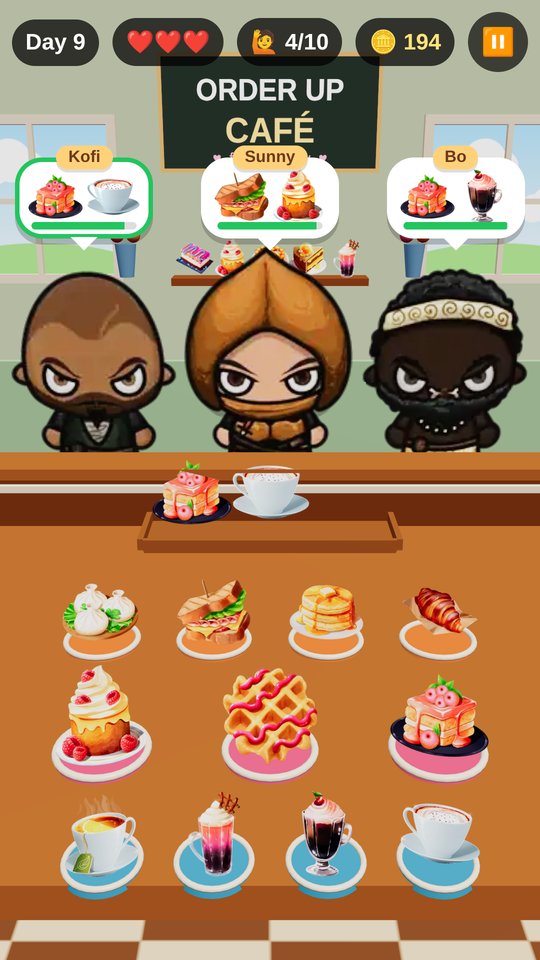Order Up Café gameplay: customers at the counter with order bubbles above them and food ready to serve