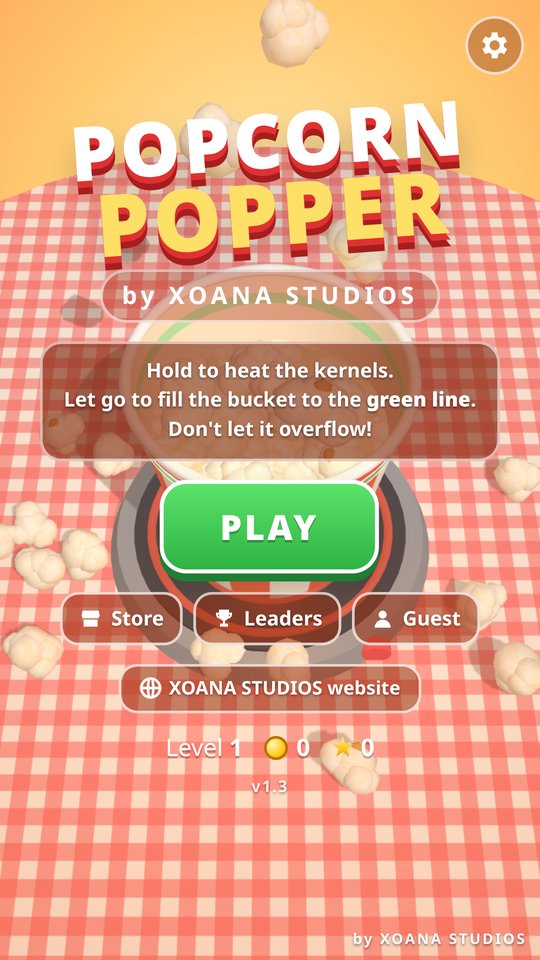 Popcorn Popper title screen with the Play, Store, Leaders and Guest buttons