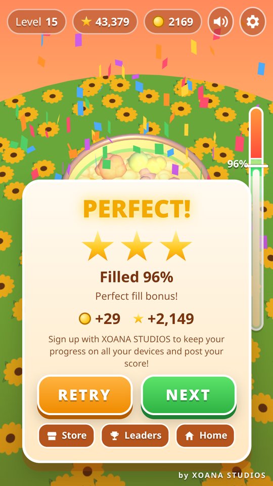 Popcorn Popper Perfect fill at 96% with three stars and confetti over a sunflower tablecloth