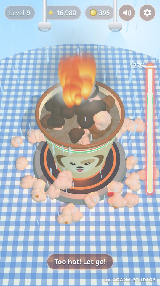Popcorn Popper burnt popcorn: flames rise from a panda bucket on a blue gingham table as the ceiling sprinklers switch on