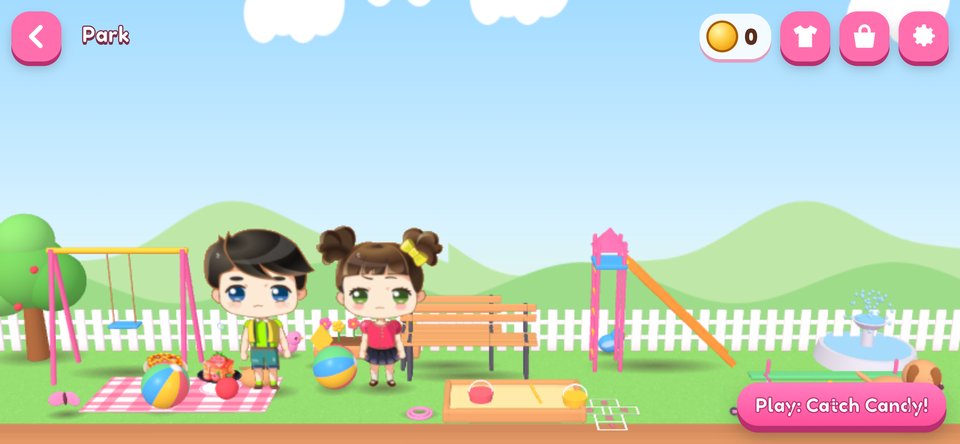 Sugarberry Lane in 3D: the outdoor Park, with swings, grass and hills