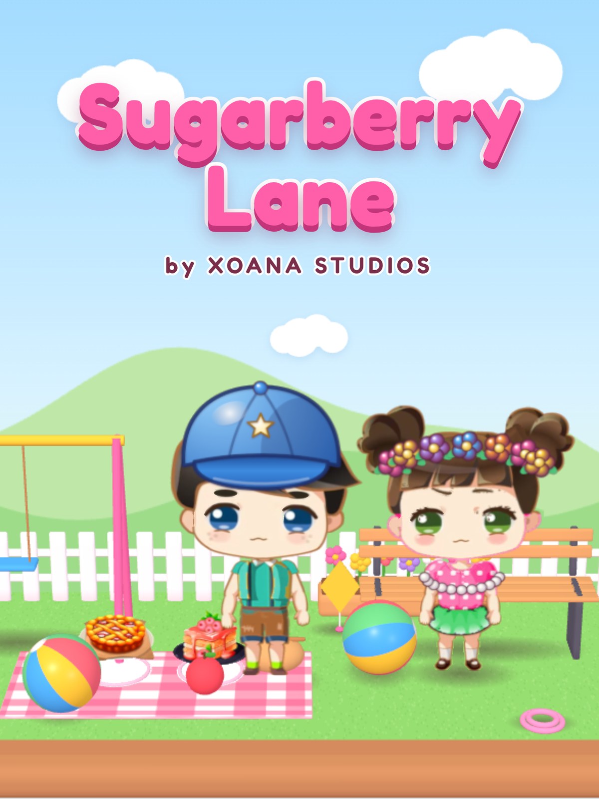 Sugarberry Lane key art: the Sugarberry Lane title over two friends in a candy town
