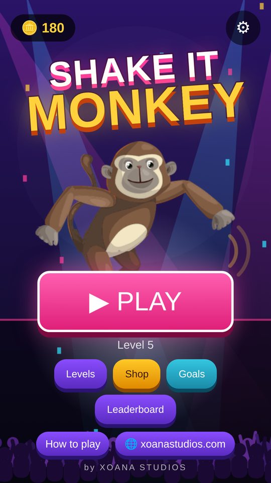 Shake It Monkey title screen with a dancing monkey and the Play, Levels, Shop, Goals and Leaderboard buttons
