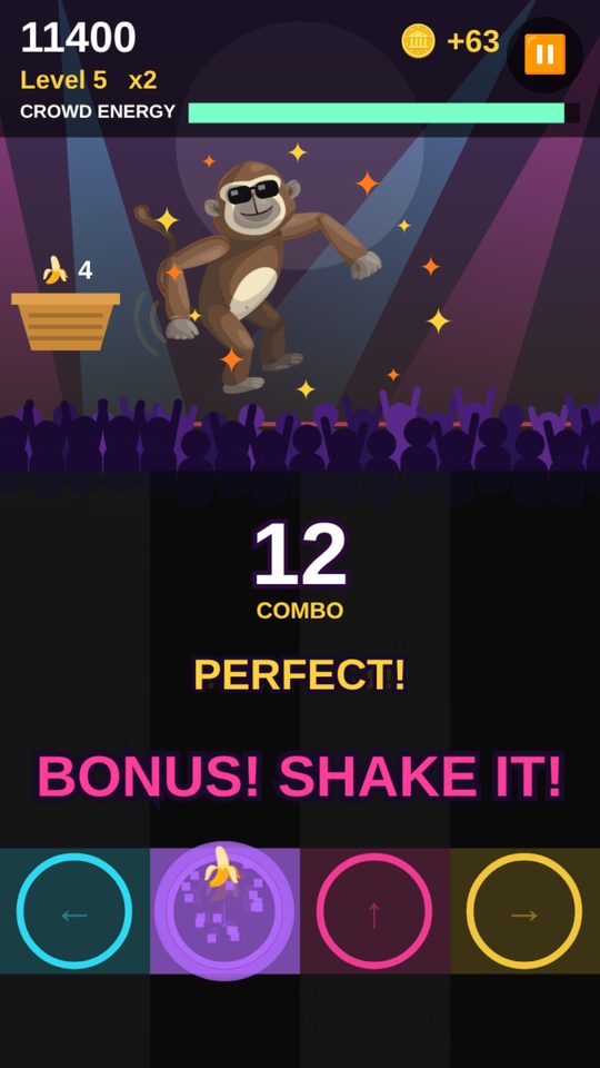 Shake It Monkey gameplay: a 12 combo, a PERFECT hit and a BONUS SHAKE IT! as a banana note lands on the lane ring