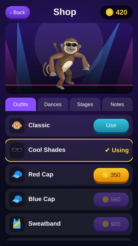 Shake It Monkey Shop with Outfits, Dances, Stages and Notes tabs, and the monkey wearing Cool Shades