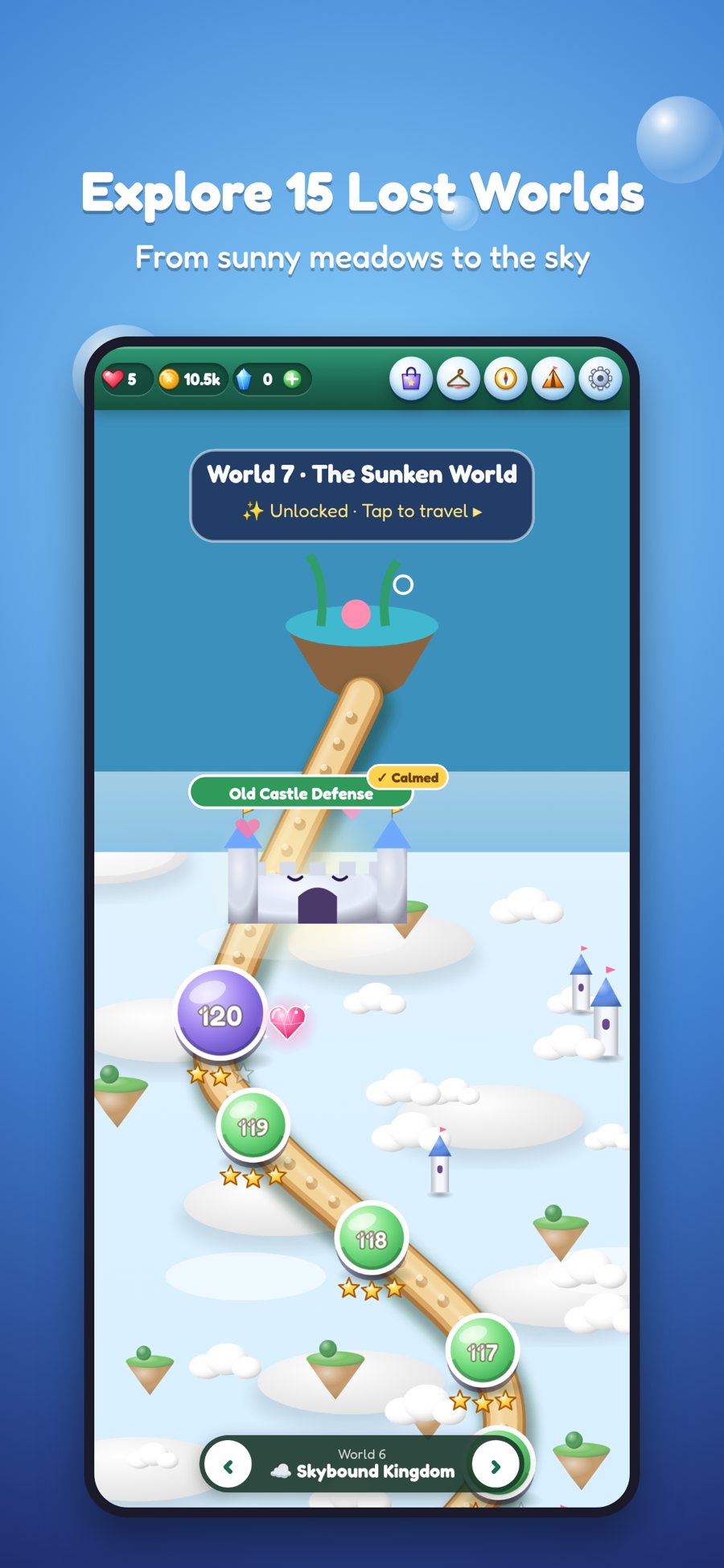 Bubblebound world map of the Lost Worlds