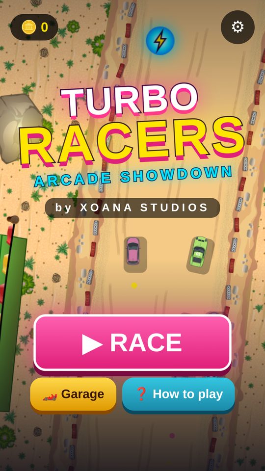 Turbo Racers title screen with race cars lined up on a desert track