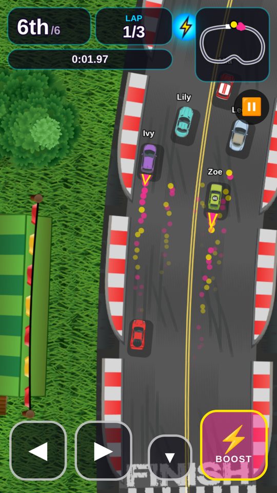 Turbo Racers gameplay: racing rivals down the home straight with steer, brake and Boost buttons