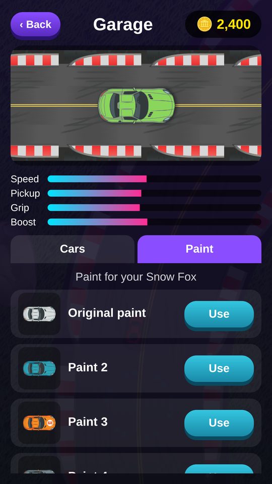 Turbo Racers Garage showing a green race car, its speed, pickup, grip and boost stats, and its paints